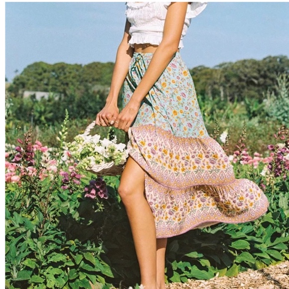 Boho mint green floral print maxi skirt ruffle - Picture 2 of 6